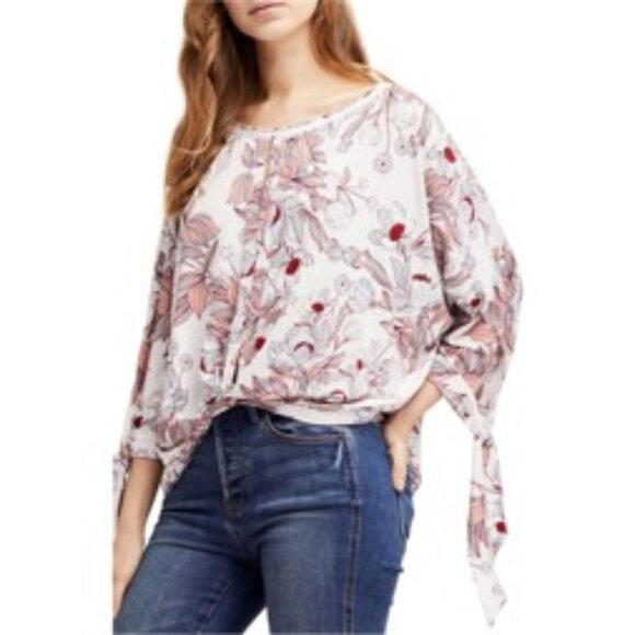 Free People Keepin' On Oversized Soft Floral Knit Blouse Tie Front Sz Medium EUC - Picture 7 of 9